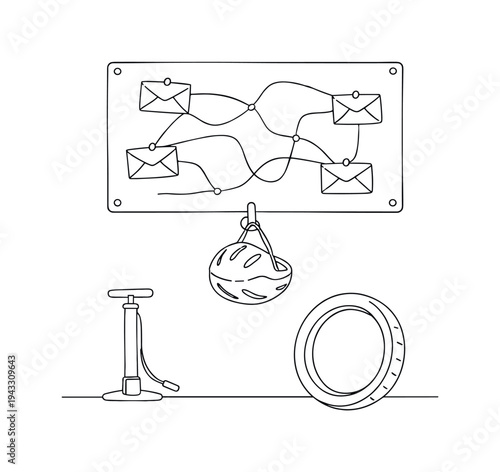 Urban dispatch scene with a wall-mounted order board showing pinned envelopes and route lines, helmet hanging on a hook below,