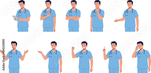 Male nurse character set wearing blue scrubs using digital tablet and medical tools