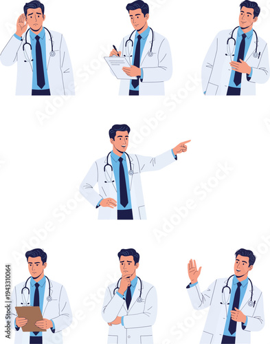 Professional male doctor character set with stethoscope and various medical poses