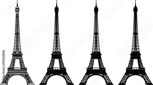 Black Eiffel Tower silhouettes collection, set of Paris landmark icons for travel posters, France tourism, and European architectural vector illustration design elements