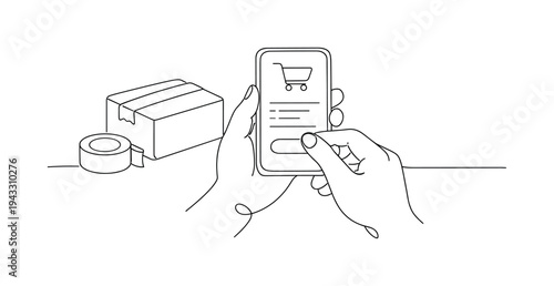 Smartphone held in both hands displaying a checkout page with shopping cart icon and payment button, thumb hovering over the