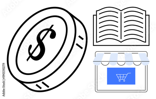 Finance, education, online shopping, e-commerce, digital economy, business platforms. ion of a dollar coin, an open book and an online shopping storefront. Finance and e-commerce