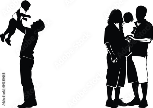 Black silhouette of happy family, father lifting child and parents with toddler, vector illustration for parenthood, love, childhood, and domestic life themes