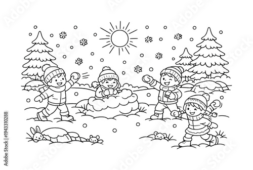 Snowy fun with children having a playful snowball fight in a snowy meadow, pine trees and rocks scattered around, tiny animals