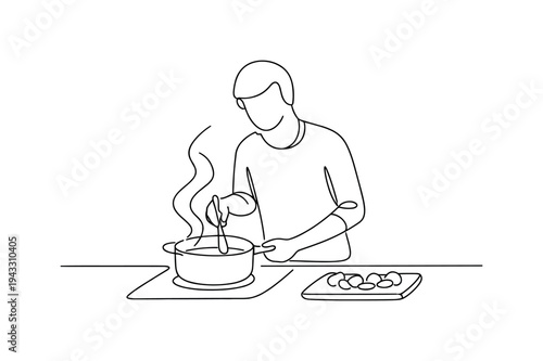 Person standing at a simple kitchen counter stirring a pot on the stovetop, steam rising from the pan, wooden spoon in hand,