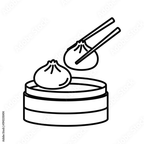 Chopsticks Picking Soup Dumpling from Steamer Basket Icon - Minimalist Line Art