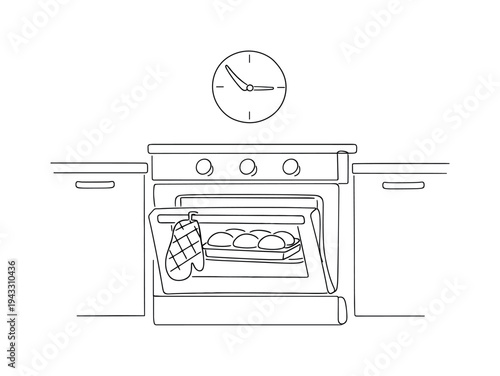 Home oven with glass door slightly open, baking tray inside holding rising bread, oven mitt hanging from the handle, wall clock