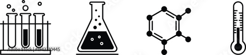 Chemistry science laboratory vector icon set, black flat line symbols including test tubes, erlenmeyer flask, molecular structure, and thermometer for research