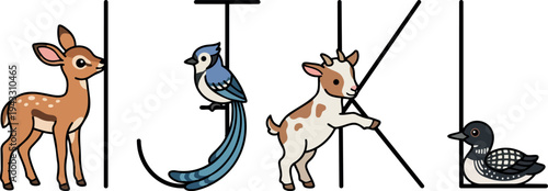 Colorful vector art of young deer blue jay baby goat and loon bird integrated into letters i j k l playful animal alphabet design