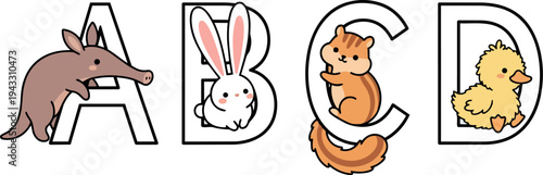 Cute cartoon vector animals with letters including armadillo by letter a bunny by letter b chipmunk by letter c and duckling by letter d educational playful design