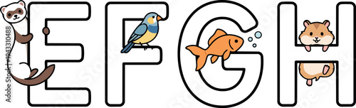 Cute vector illustration of ferret on letter e bird perched on letter f goldfish swimming in letter g hamster peeking out of letter h playful alphabet design