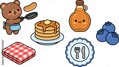 Cute kawaii bear cooking pancakes with syrup blueberries folded cloth and cutlery plate flat design vector art