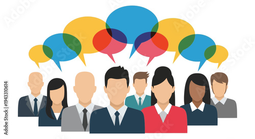Diverse group of people communicating and discussing ideas in a team meeting with colorful speech bubbles