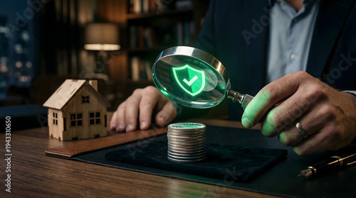 Financial Analyst Reviewing Mortgage Security and Property Value with Magnifying Glass for Business Loan Approval and Real Estate Verification