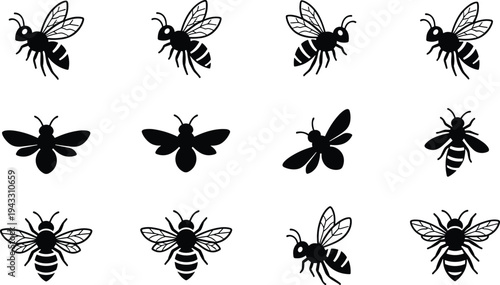 Honey bee icon set, black flat vector symbols featuring various bumblebee silhouettes, flying bees, honeybee illustrations for nature, organic honey, and environment