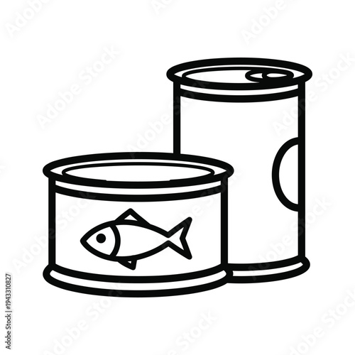 Illustration of two tin cans, one with a fish graphic, on a white background