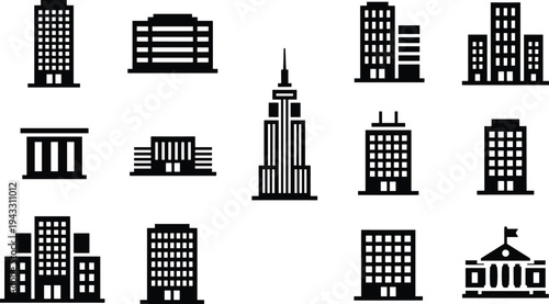 Skyscraper and urban building icon set, black flat vector symbols including city towers, office blocks, modern architecture, and municipal landmarks for business