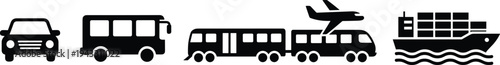 Transportation and logistics icon set, black flat vector symbols including car, bus, train, airplane, and cargo ship for travel and delivery industry