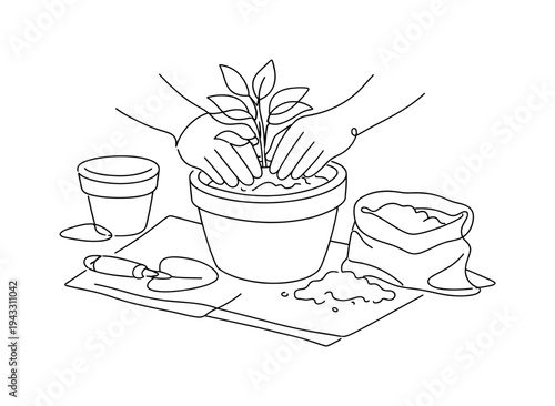 Close view of hands repotting a leafy plant into a larger clay pot, small trowel and bag of soil on the floor, old pot set aside