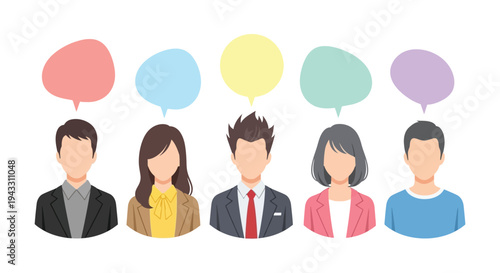 A diverse group of five people with colorful speech bubbles above their heads, representing communication and discussion in a modern, professional setting with business attire and casual wear.