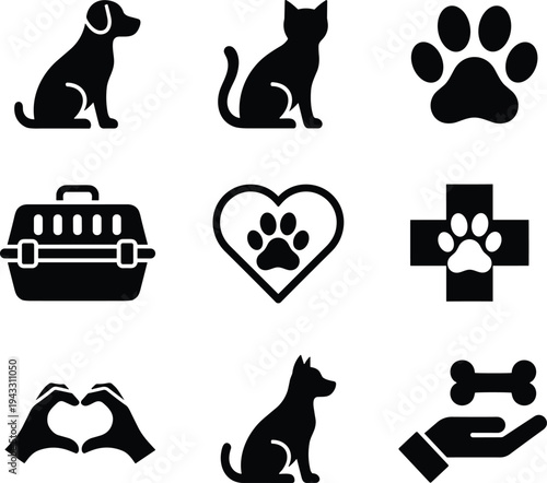 Veterinary and pet care icon set, black flat vector symbols including dog, cat, paw print, animal carrier, pet health, and bone treat