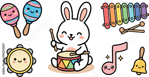 Cute bunny playing colorful drum with smiling maracas tambourine xylophone musical notes bell vector illustration