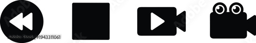 Video production and media player icon set, black flat vector symbols including movie camera, play button, stop, and rewind for digital multimedia projects