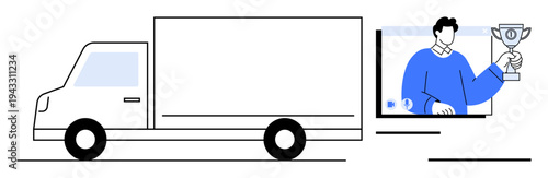Delivery truck with a man on a screen holding a trophy, blending logistics and digital success. Ideal for shipping, e-commerce, achievement, remote work, technology, rewards, digital business themes