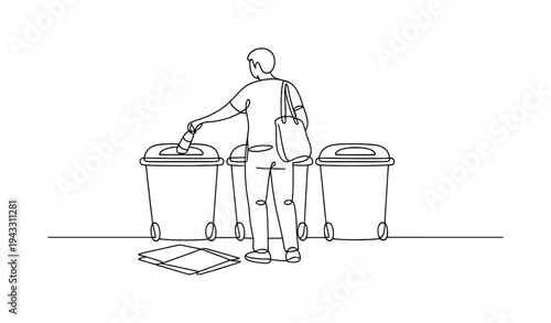 Person standing in front of three labeled recycling bins dropping a plastic bottle into one container, cardboard box flattened