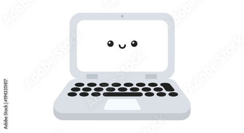 A cheerful cartoon laptop with a smiling face on its screen