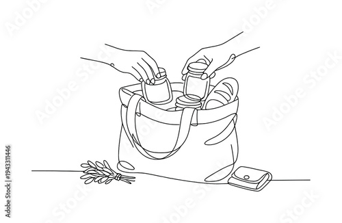 Hands packing groceries into a reusable tote bag with bread and jars, minimalist line art