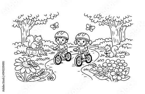 Bicycle ride with children pedaling along a garden trail, tiny insects crawling on flowers, friendly squirrels nearby,