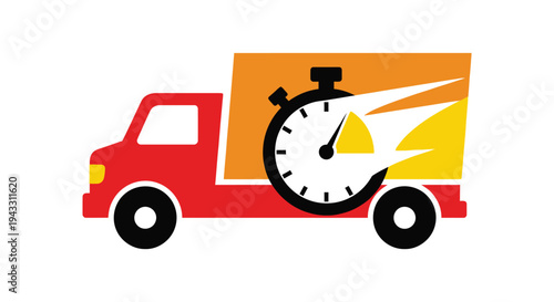 A red truck with a stopwatch on the side, symbolizing fast delivery