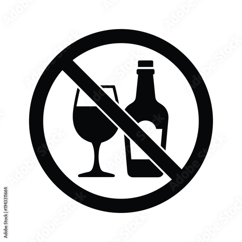No Alcohol Sign Icon: Bottle and Glass with Prohibition Symbol, Isolated Black and White