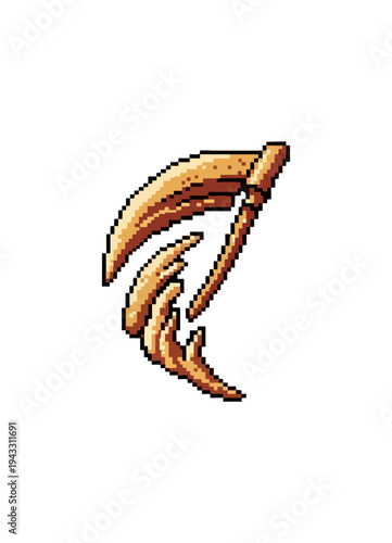 Pixelated scythe grim reapers tool on dark background