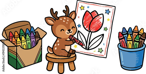Cute cartoon deer sitting on wooden stool coloring red tulip drawing with crayons near colorful crayon box and cup on white background