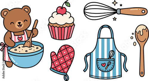 Cute smiling bear stirring batter in blue bowl with striped apron mittens cupcake whisk and wooden spoon collection