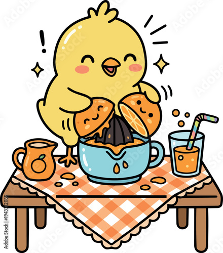 Cute yellow chick happily squeezing fresh orange juice using manual juicer on checkered tablecloth with glass and jug