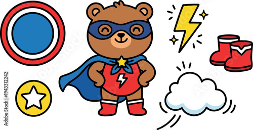 Cute superhero bear standing with blue cape red boots and mask surrounded by cartoon lightning cloud and star shield icons