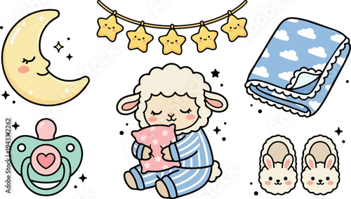 Cute kawaii lamb in blue striped pajamas hugging pink star pillow surrounded by crescent moon pacifier bunny slippers and star garland
