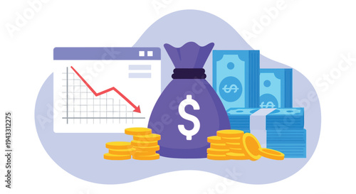 Vector illustration of a purple money bag with gold coins and blue banknotes, with a declining graph in the background, symbolizing financial loss and economic downturn.