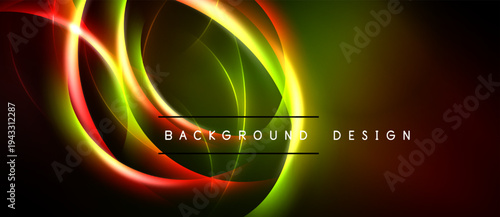 Bright neon curves create abstract design. Vivid colors blend, forming dynamic light patterns over dark background. Text reads background design.