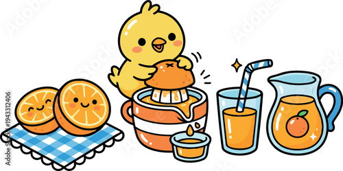 Cute cartoon chick squeezing fresh orange juice with smiling orange halves and glass pitcher in cheerful flat design style
