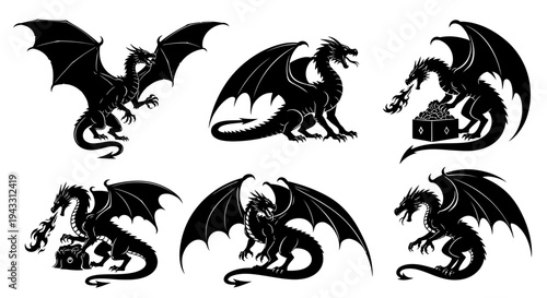 Dragon Silhouette Pose Set Flying Roaring Fantasy Dragon Vector Isolated on White