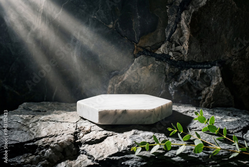 Light shines on a hexagonal marble surface placed among dark rocks and greenery in a natural setting