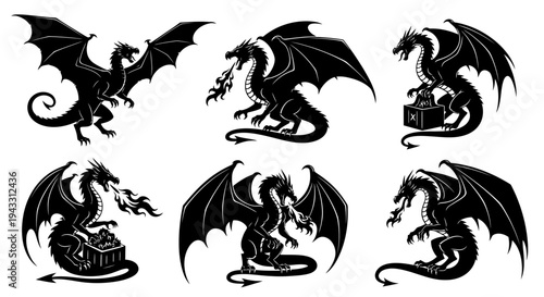 Dragon Silhouette Pose Set Flying Roaring Fantasy Dragon Vector Isolated on White