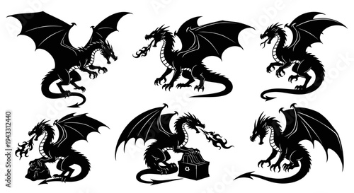 Dragon Silhouette Pose Set Flying Roaring Fantasy Dragon Vector Isolated on White