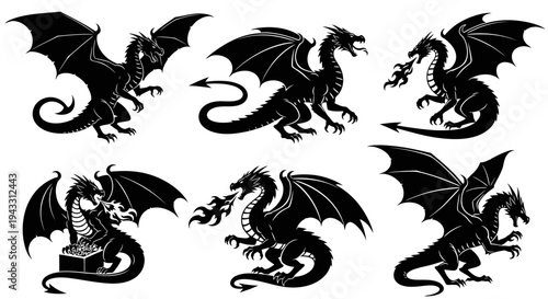 Dragon Silhouette Pose Set Flying Roaring Fantasy Dragon Vector Isolated on White