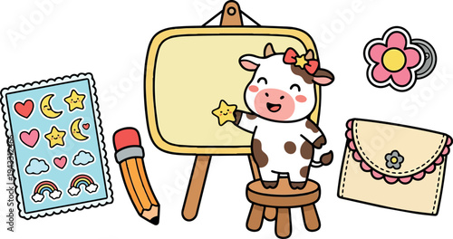 Cute smiling cartoon cow standing on stool holding star drawing on beige board with pencil rainbow heart stickers and floral purse vector art