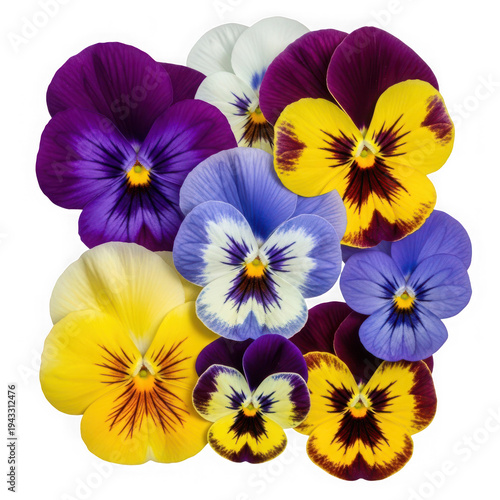 A vibrant and colorful collection of pansies showcasing various shades of purple and yellow isolated on white background